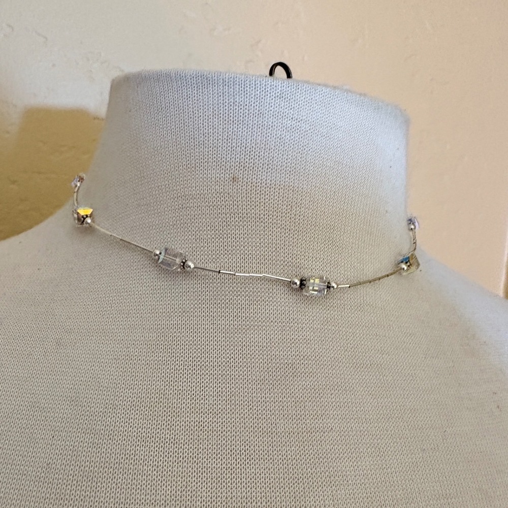 Vintage Sterling Liquid Silver Choker Necklace Aurora Borealis Crystal Cubes 15"